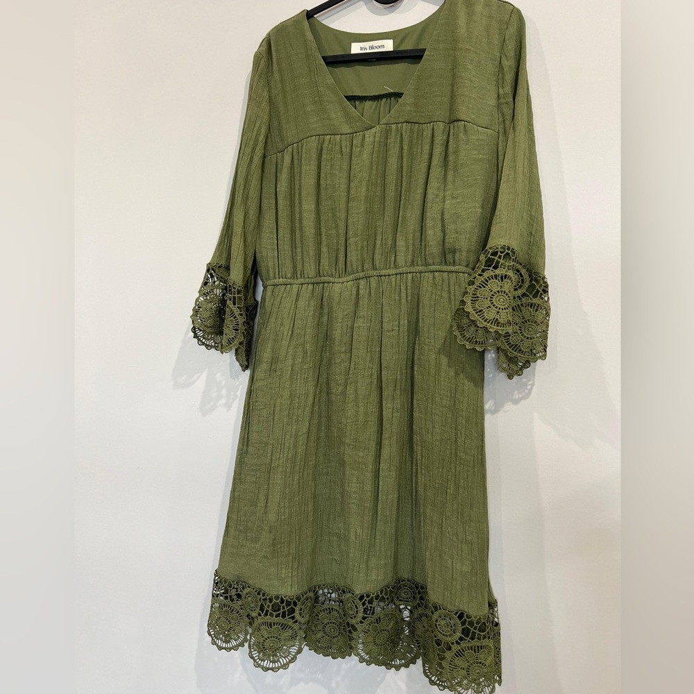 Olive Green Crochet Trim Midi Dress